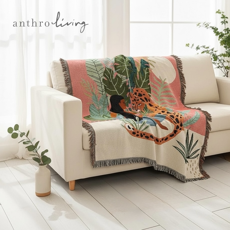 New Anthropologie Boho Jungle Tassel Throw Blanket Bedspread Quilt - 63" x 51"