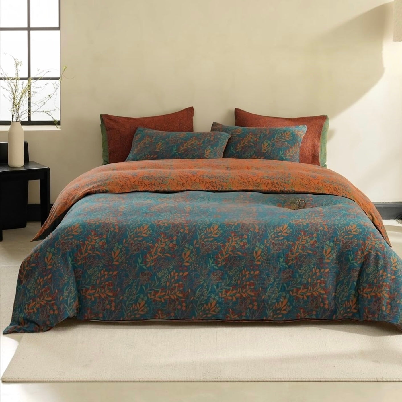 NEW Anthropologie Orange Teal Botanical Cotton Queen King Bedding Duvet Sham Set