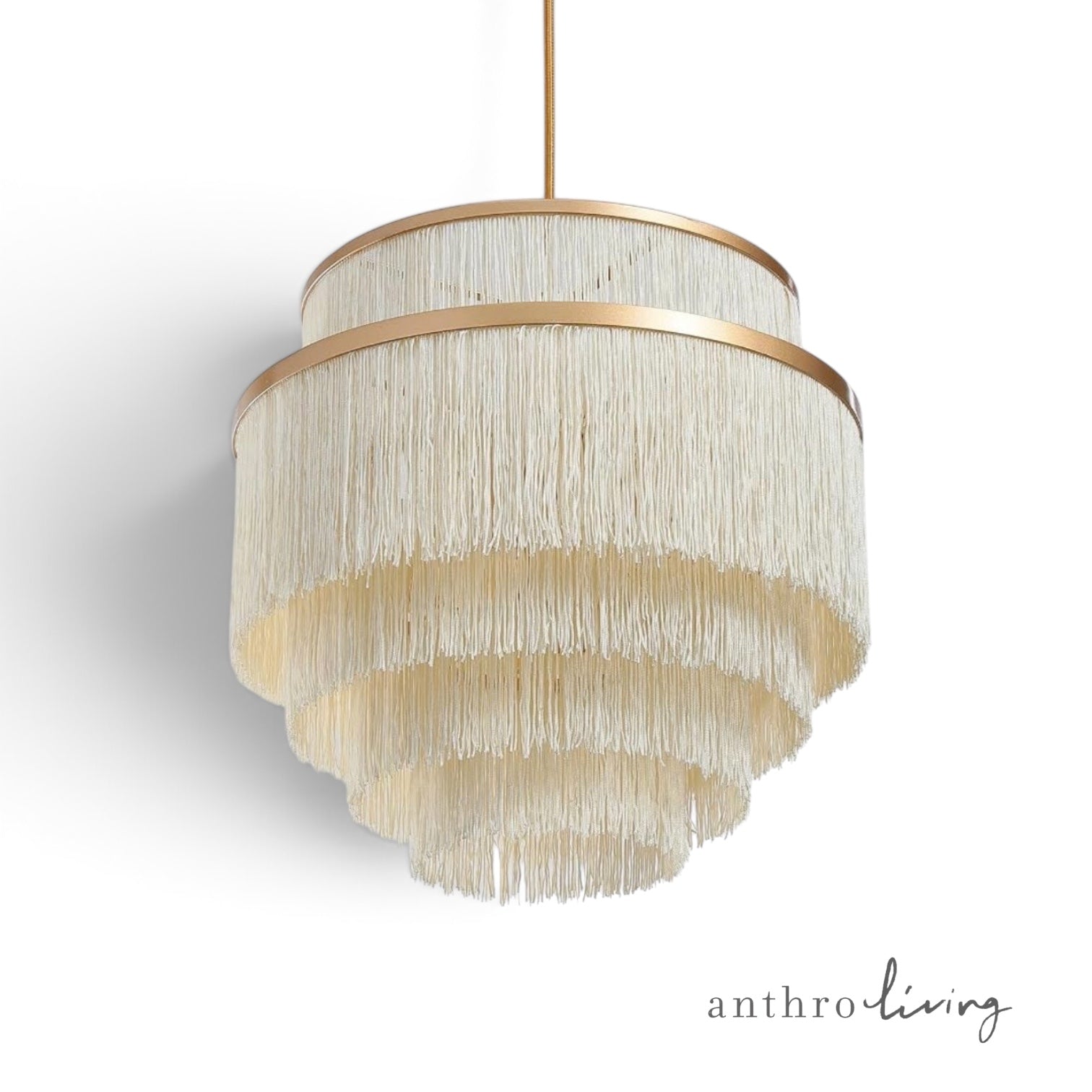 NEW Anthropologie Chandelier Mid-Century Boho Fringe Gold Ceiling Light Fixture