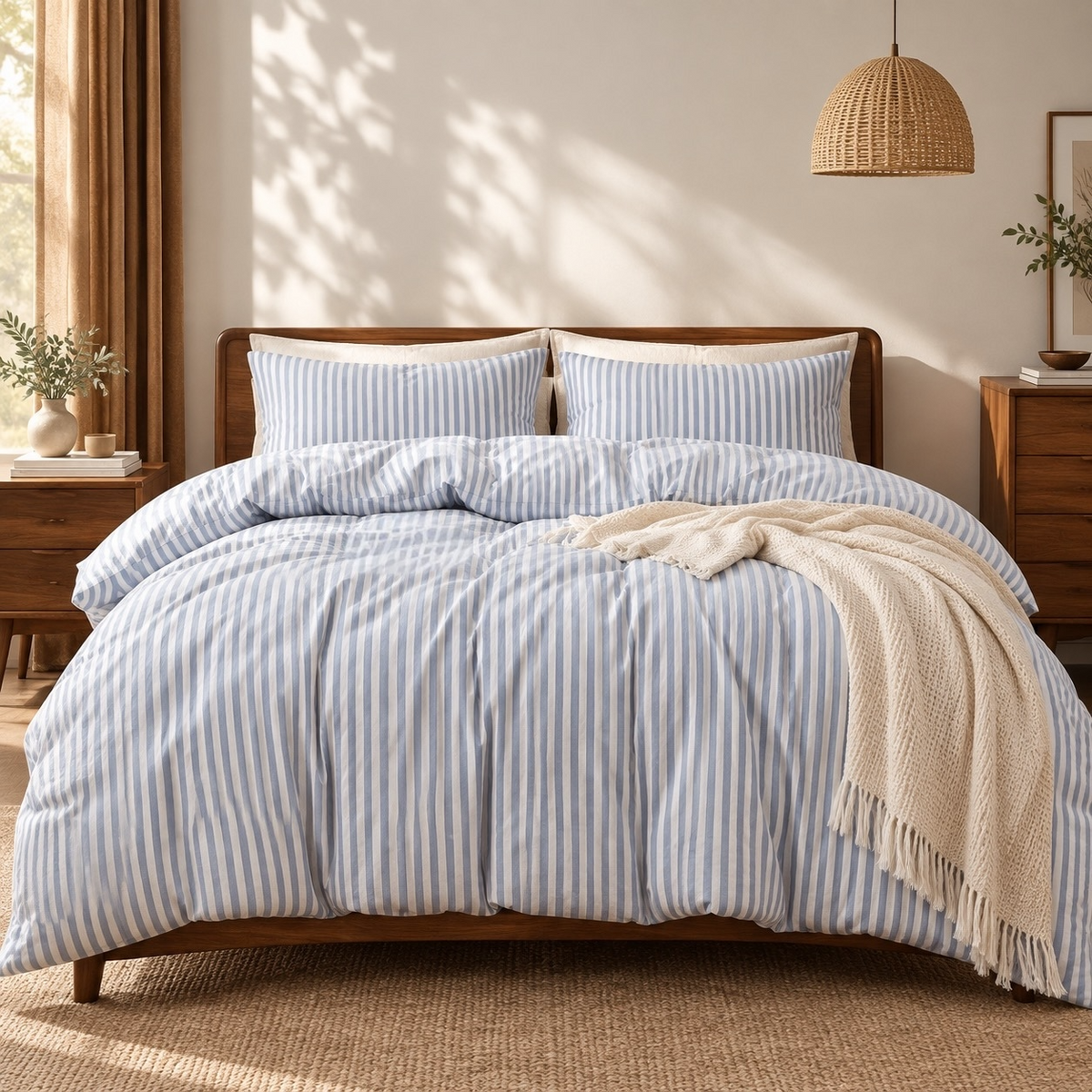 NEW West Elm White & Blue Striped Cotton Simple Modern Bedding Duvet & Sham Set