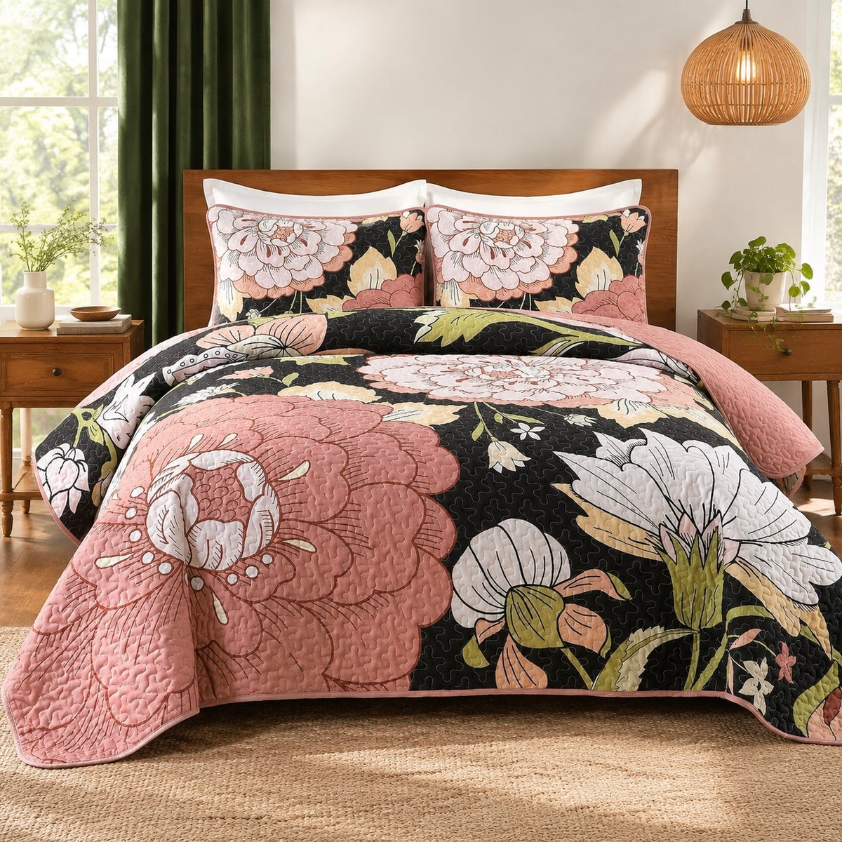 NEW Anthropologie Black & Pink Floral Boho Queen / King Bedding Quilt & Sham Set