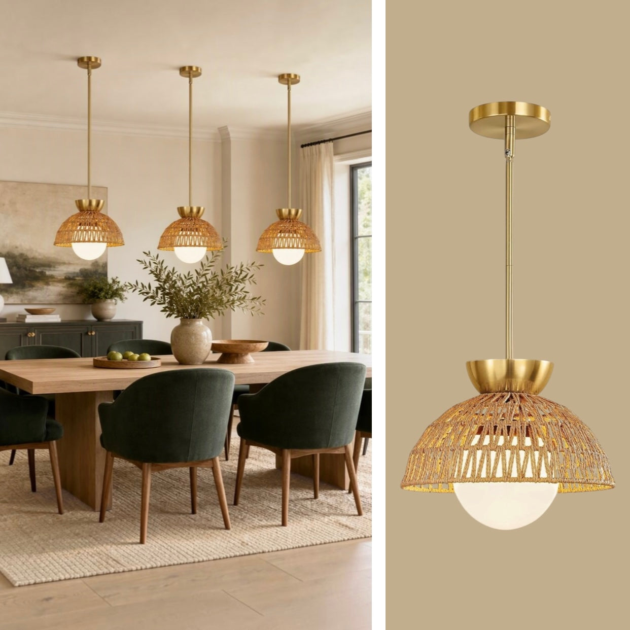 NEW West Elm Gold & Rattan Glass Globe Woven Hanging Boho Pendant Light Fixture