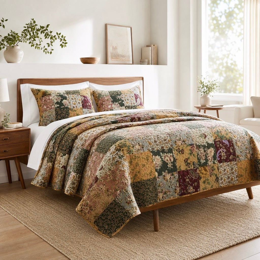 NEW Anthropologie Cotton Reversible Patchwork Queen King Bedding Quilt Sham Set