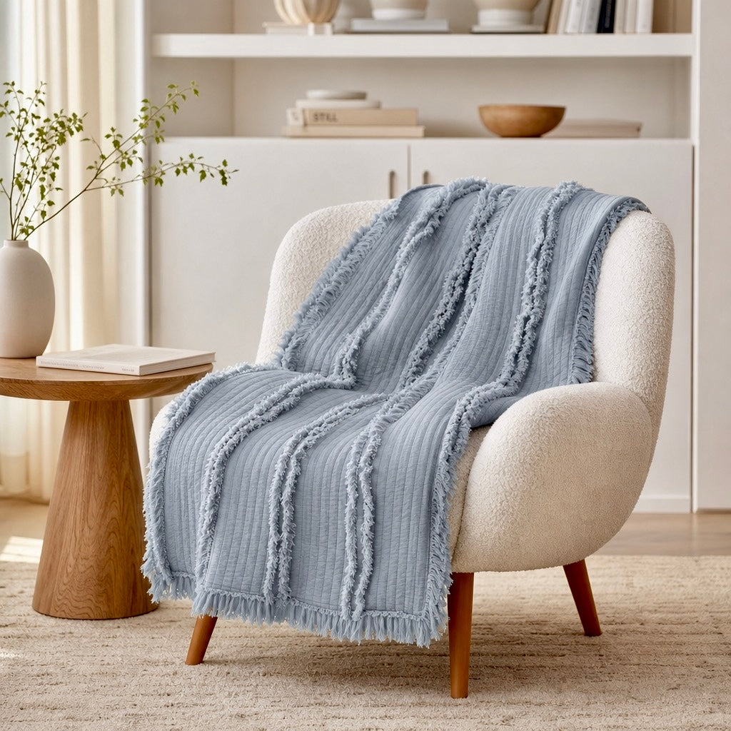 NEW West Elm Boho Blue Quilted Ruffle Knit Throw Blanket Bedding - 60" x 80"