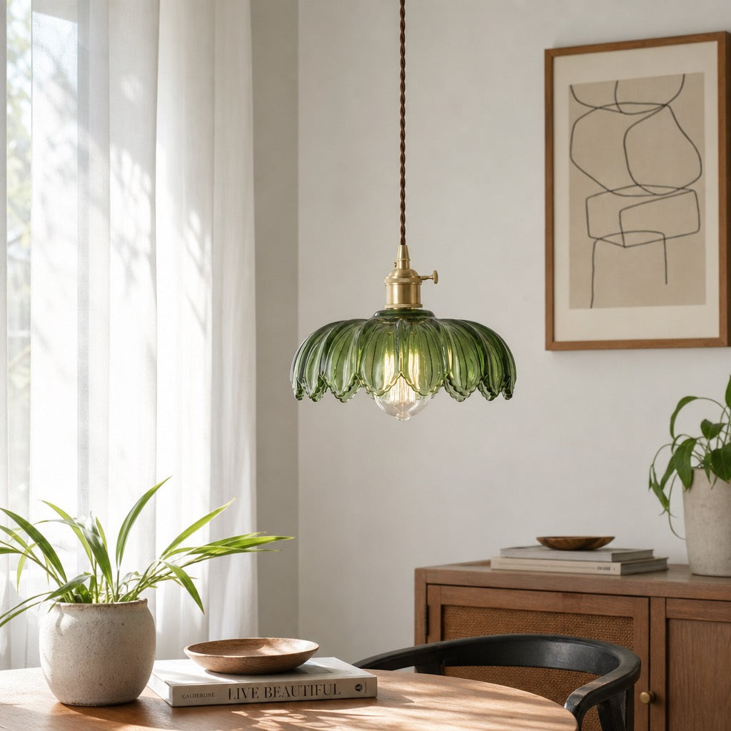 NEW West Elm Vintage Green Glass Hanging Gold Floral Pendant Light Fixture