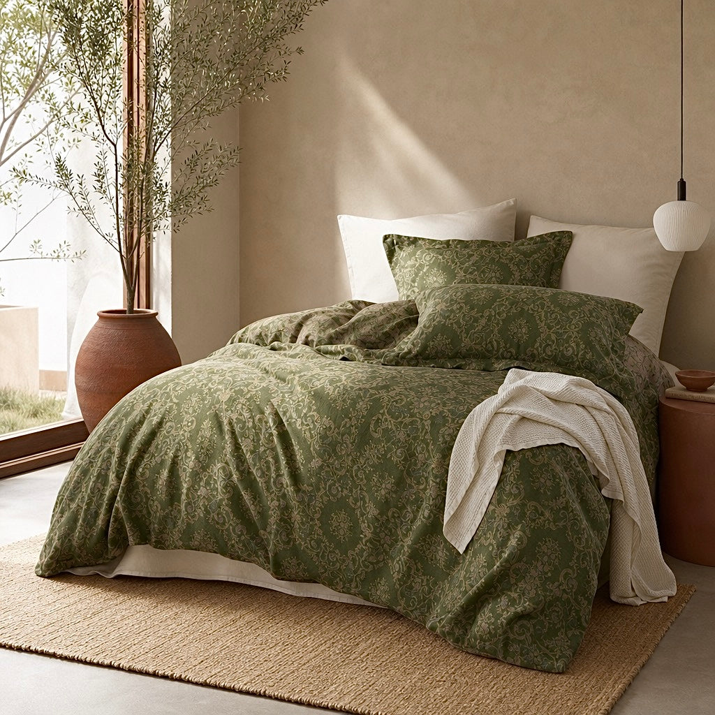 NEW Anthropologie Green Cotton Reversible Queen / King Bedding Duvet & Sham Set