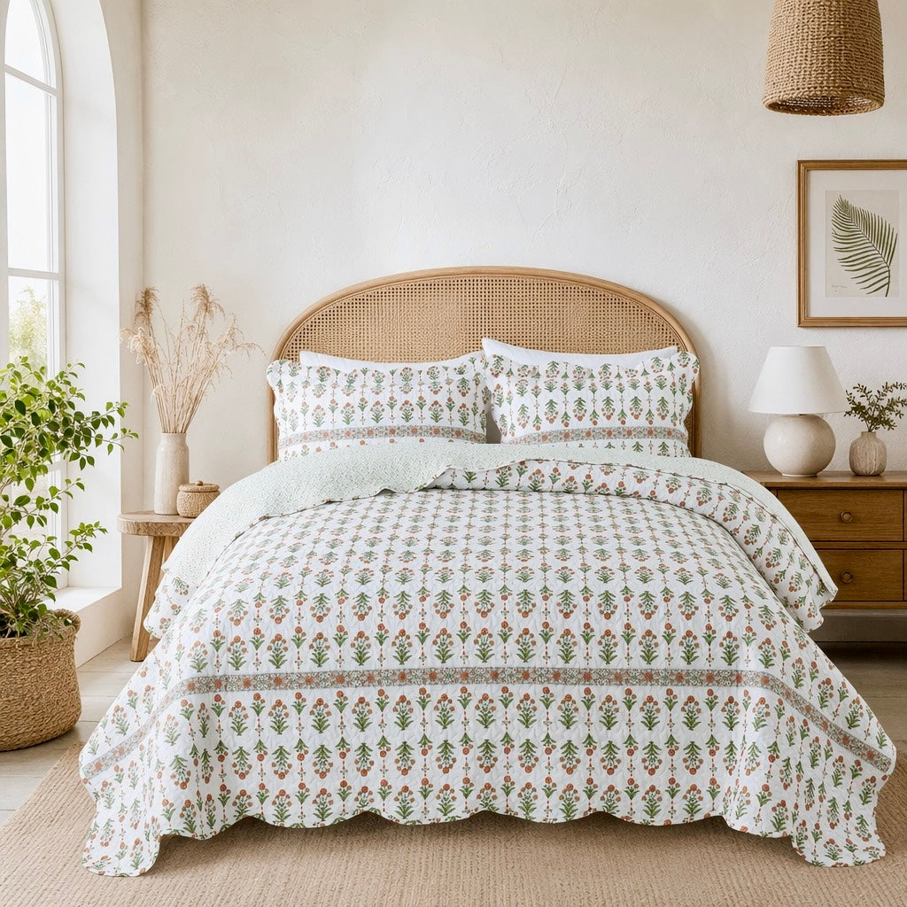 NEW Anthropologie Coral & White Floral Queen / King Bedding Quilt & Sham Set