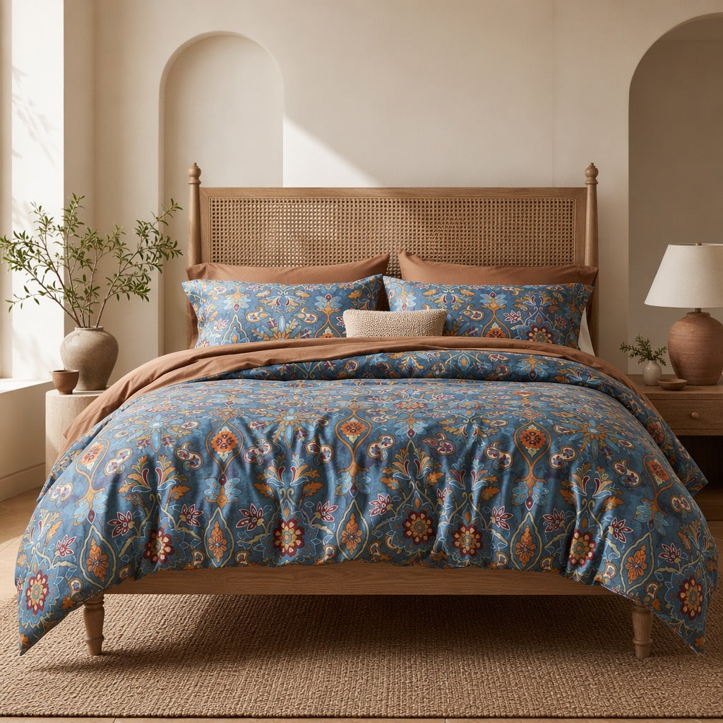 NEW Anthropologie Blue Damask Queen King Egyptian Cotton Bedding Duvet Sham Set