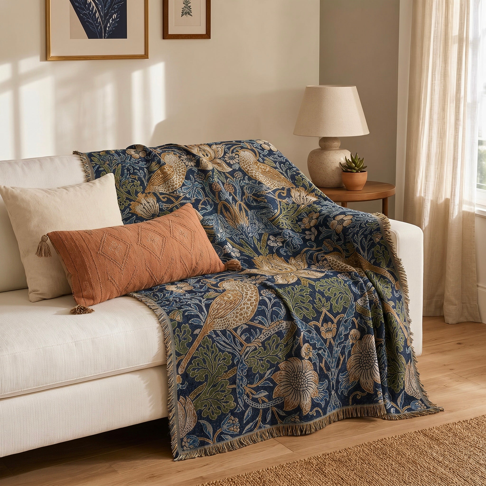 NEW Anthropologie Boho Bird Blue Tassel Throw Blanket Bedspread Quilt - 50 x 70