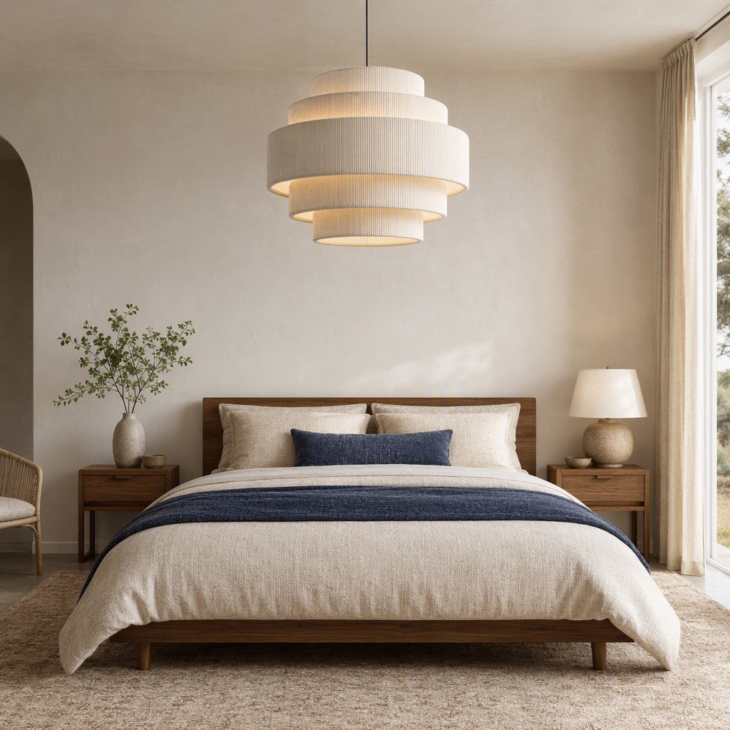 NEW West Elm 5-Tier Boho Beige Corduroy Boho Chandelier Hanging Light Fixture