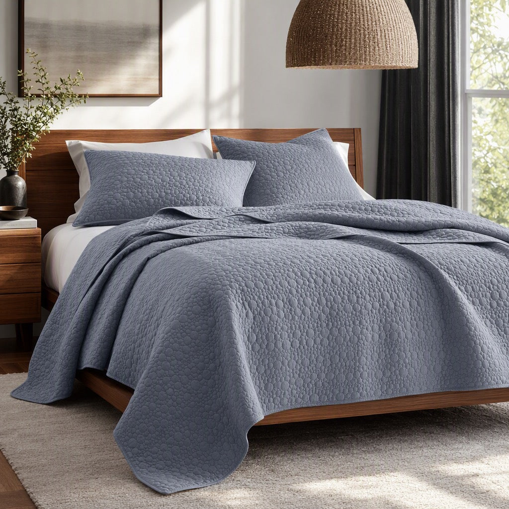 NEW West Elm Blue Stone Print Ultra Soft Queen King Bedding Bedspread & Sham Set