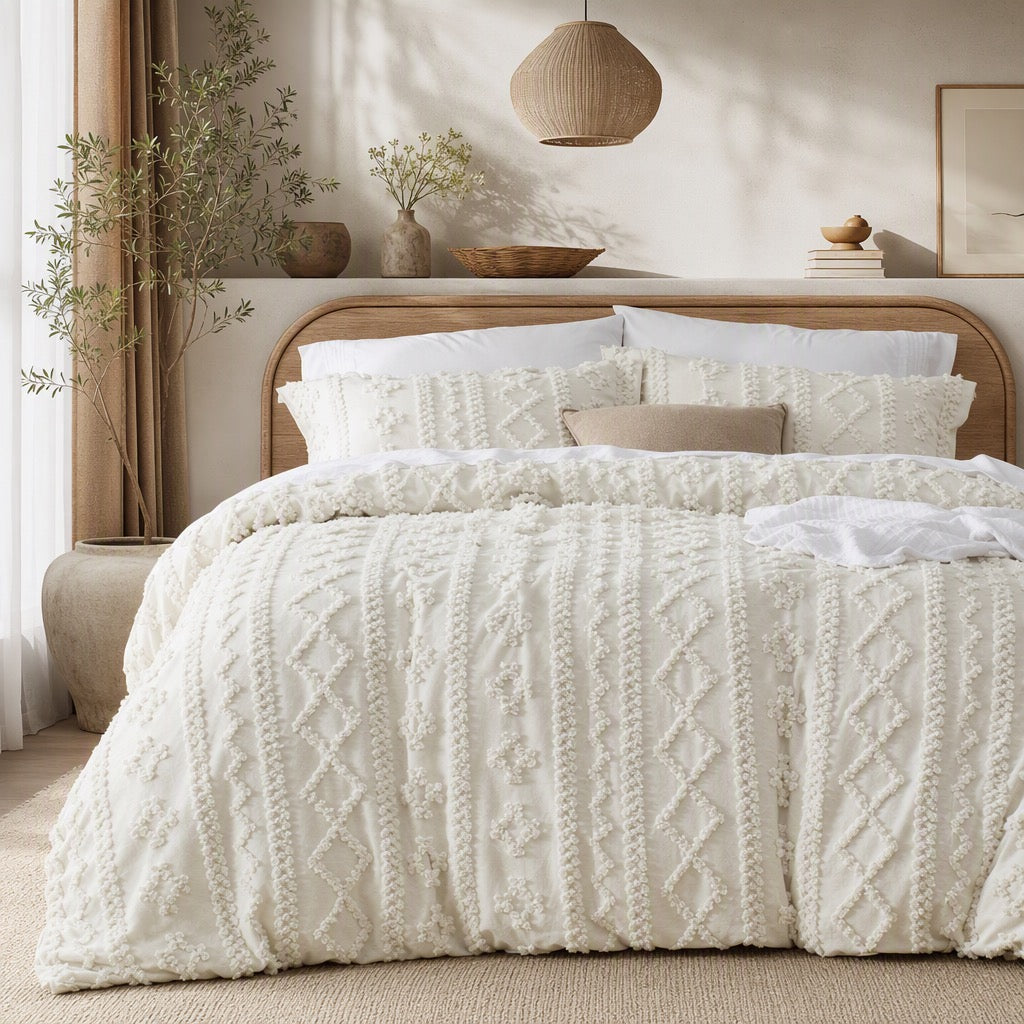 NEW Anthropologie Beige Boho King / Queen Size Tufted Bedding Duvet & Sham Set