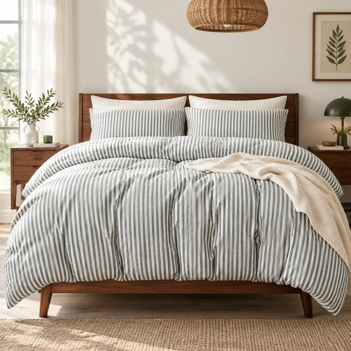 NEW West Elm White & Grey Striped Cotton Simple Modern Bedding Duvet & Sham Set