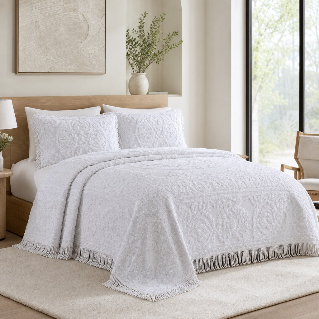 NEW Anthropologie White Chenille Damask Fringe Cotton Bedspread Blanket Sham Set