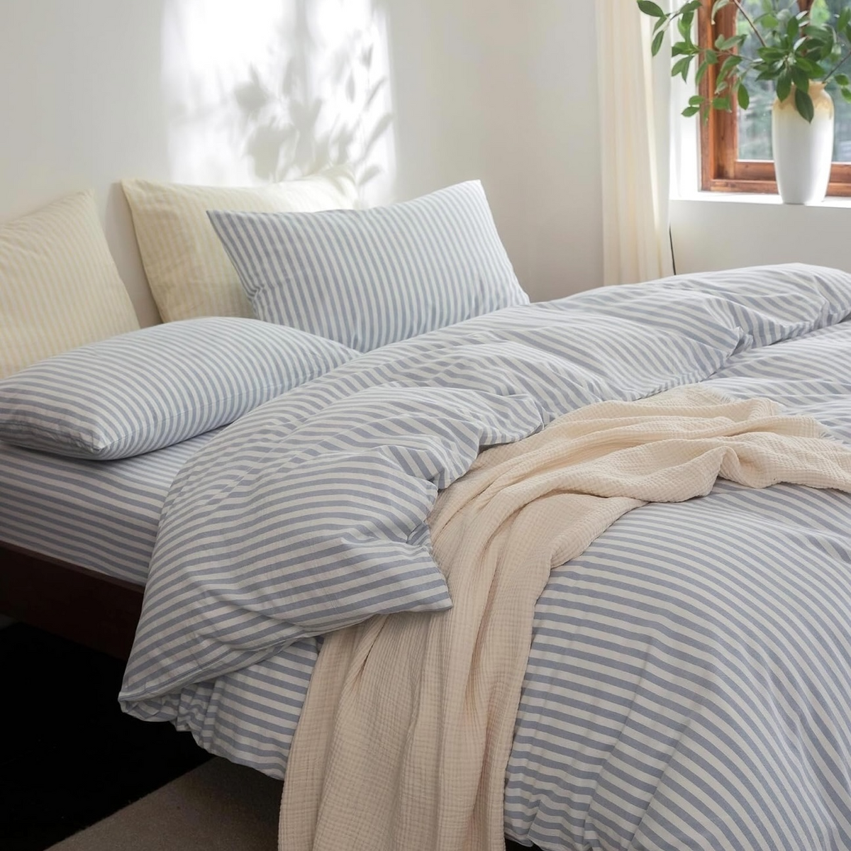 NEW West Elm White & Blue Striped Cotton Simple Modern Bedding Duvet & Sham Set