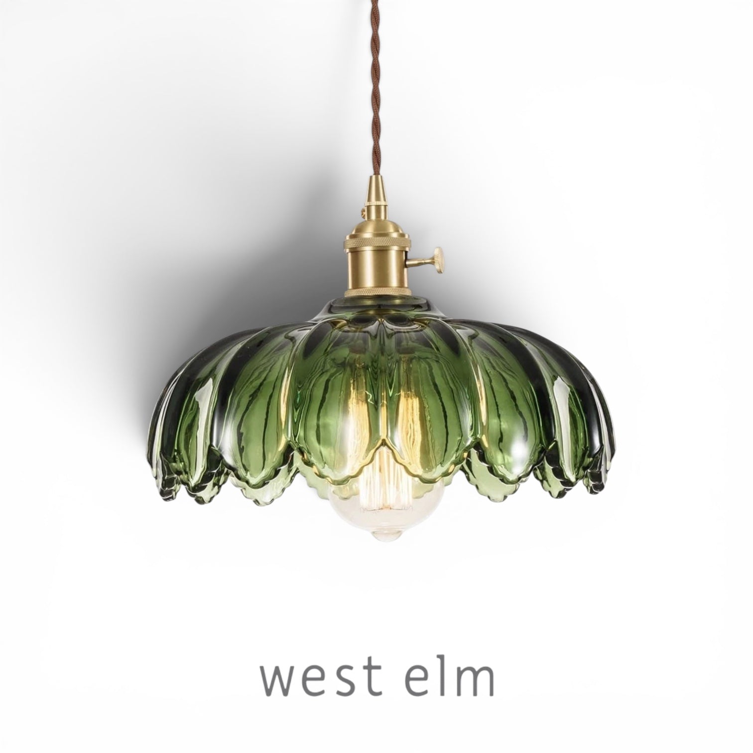 NEW West Elm Vintage Green Glass Hanging Gold Floral Pendant Light Fixture