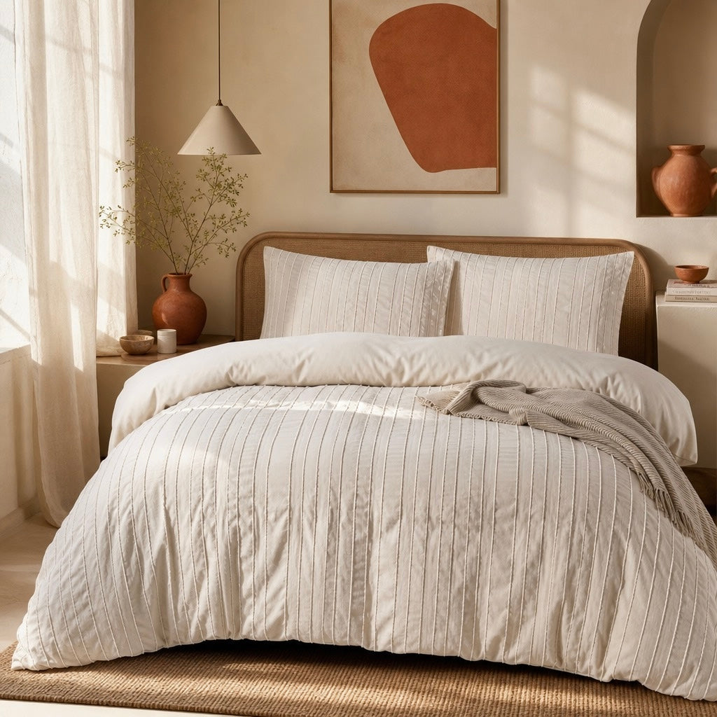 NEW West Elm Beige Boho Queen Size Tufted Simple Solid Bedding Duvet & Sham Set