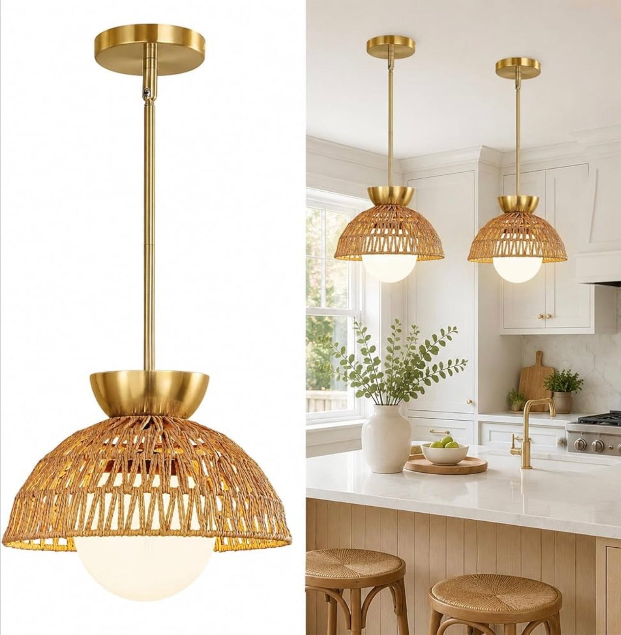 NEW West Elm Gold & Rattan Glass Globe Woven Hanging Boho Pendant Light Fixture