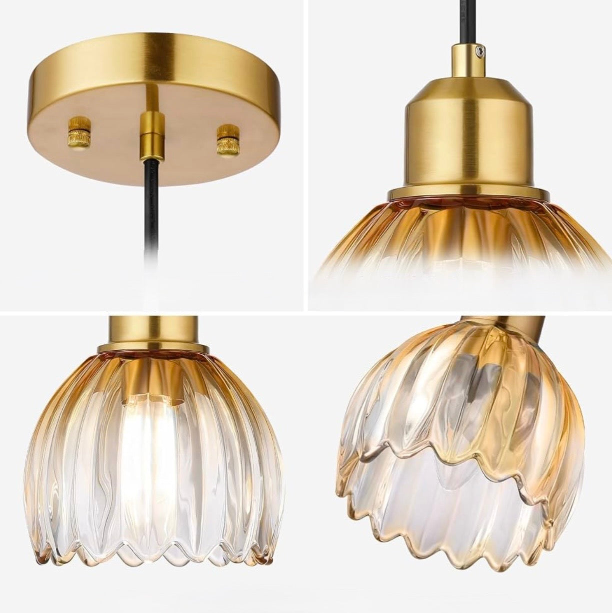 NEW West Elm Vintage Retro Amber Gold Glass Tulip Hanging Pendant Light Fixture