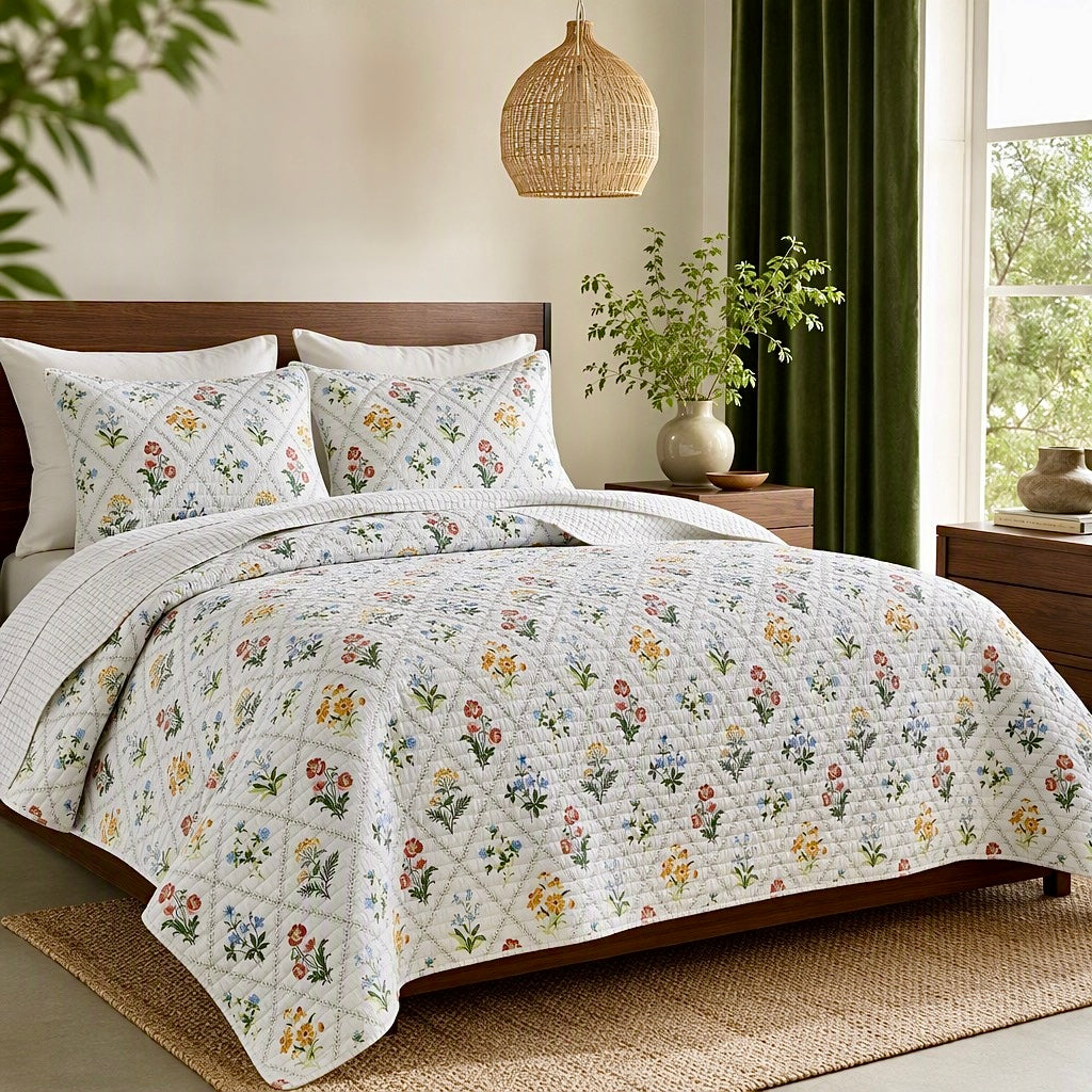 NEW Anthropologie Multicolor Floral Reversible Quilt Bedspread Bedding Sham Set