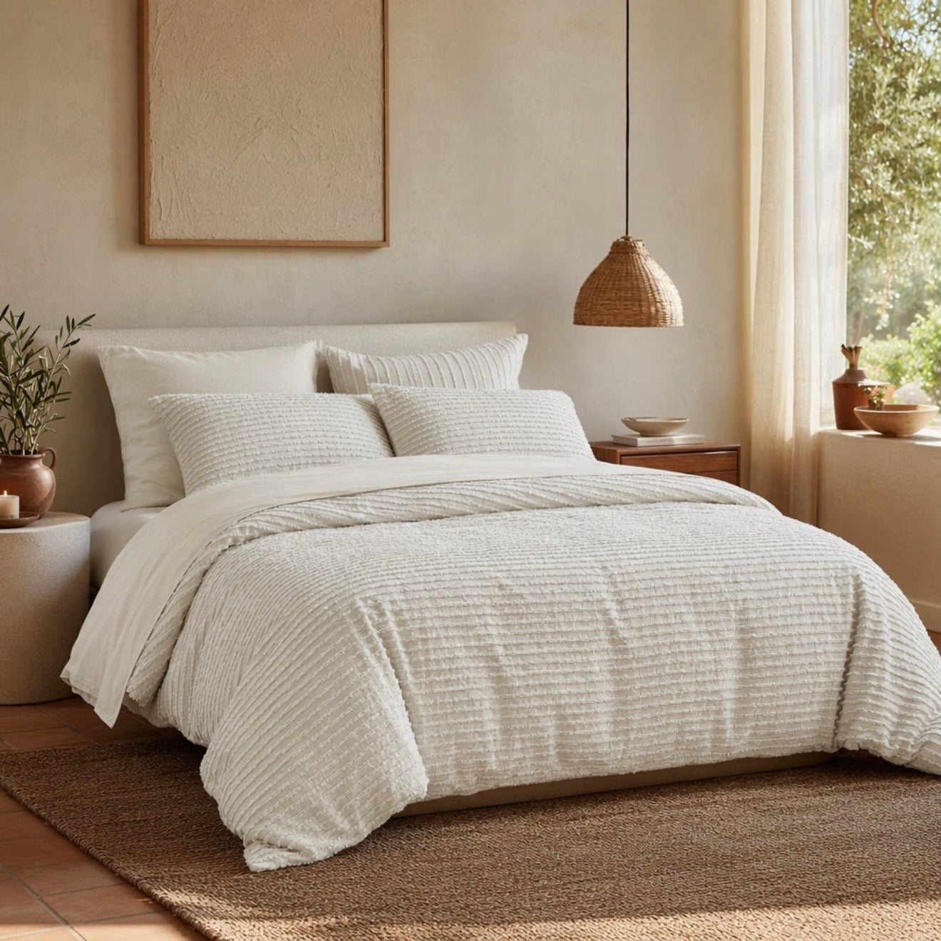 NEW Anthropologie Beige Boho King Size Tufted Fringe Bedding Duvet & Sham Set