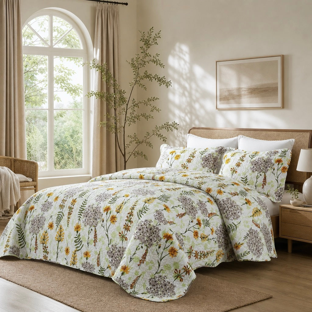 NEW Anthropologie White Floral Queen Size Boho Quilt Bedding Bedspread Sham Set