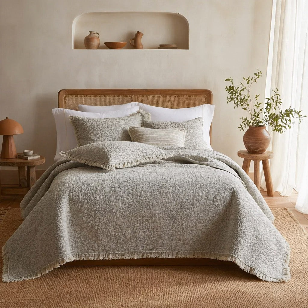 NEW Anthro Gray Beige Boho Ruffle Crinkle Queen / King Bedding Quilt & Sham Set