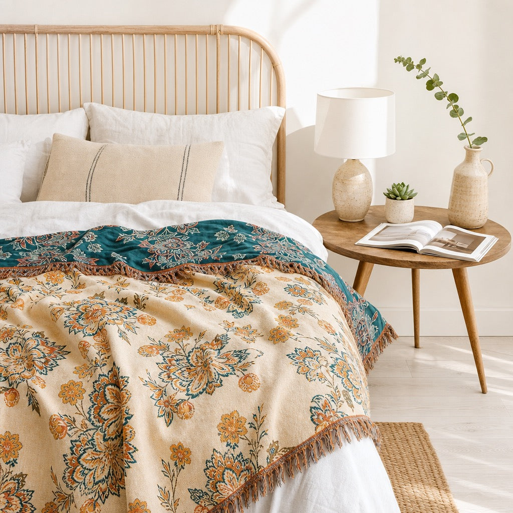 NEW Anthropologie Boho Floral Orange Teal Throw Blanket Bedspread Quilt 80 x 90