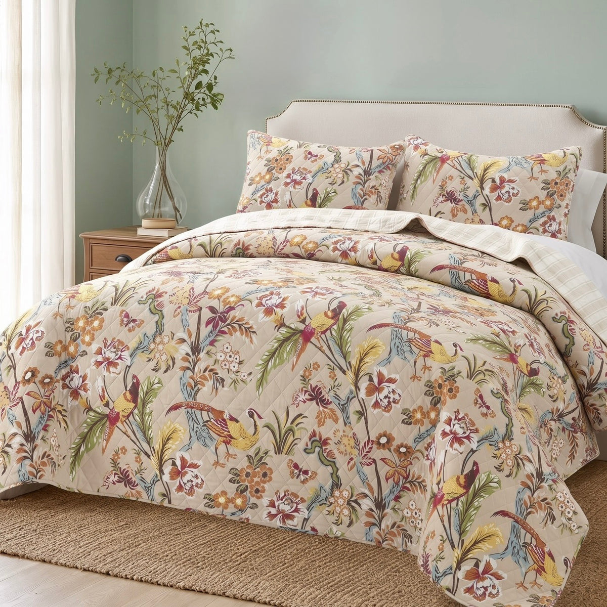 NEW Anthropologie Queen / King Cotton Boho Bird Quilt Bedspread Bedding Sham Set
