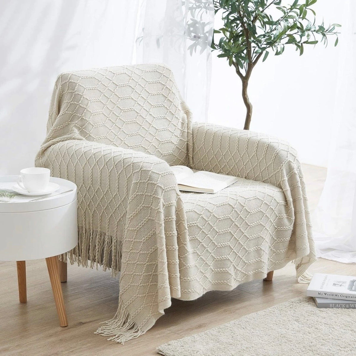 NEW Anthropologie White Boho Tassel Fringe Woven Knit Throw Blanket 60" x 80"