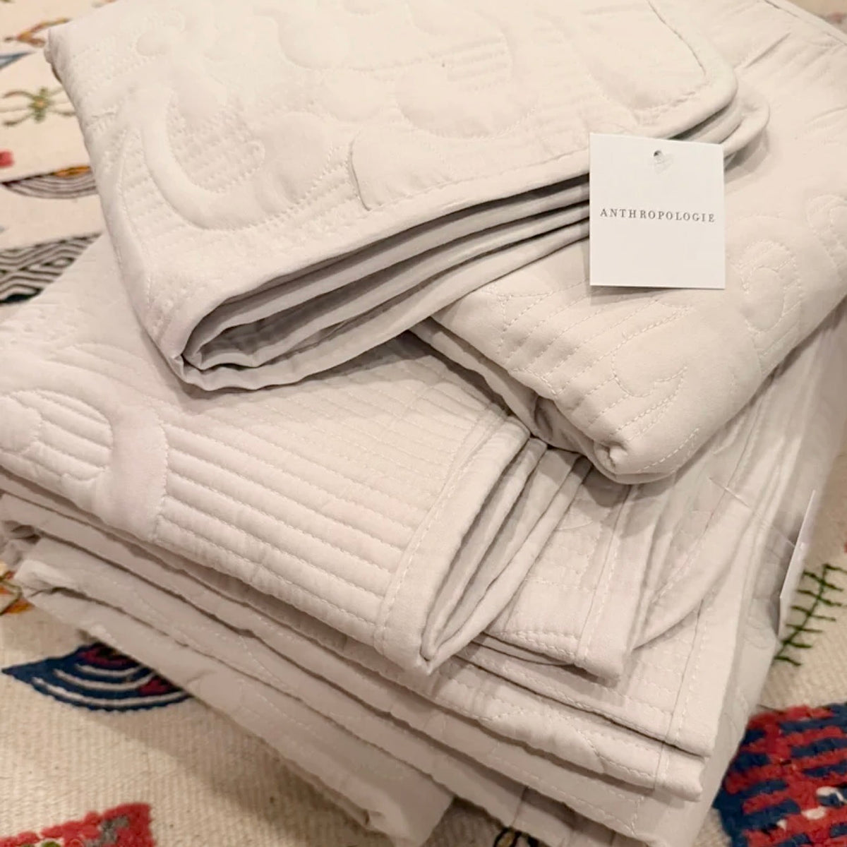 NEW Anthropologie White Cream Boho Jacquard Queen / King Bedding Quilt Sham Set