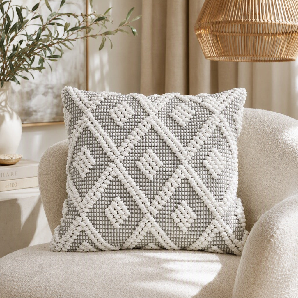 NEW Anthropologie Boho Pom Pom Grey Throw Pillow Case Cover Sham - 20" x 20"
