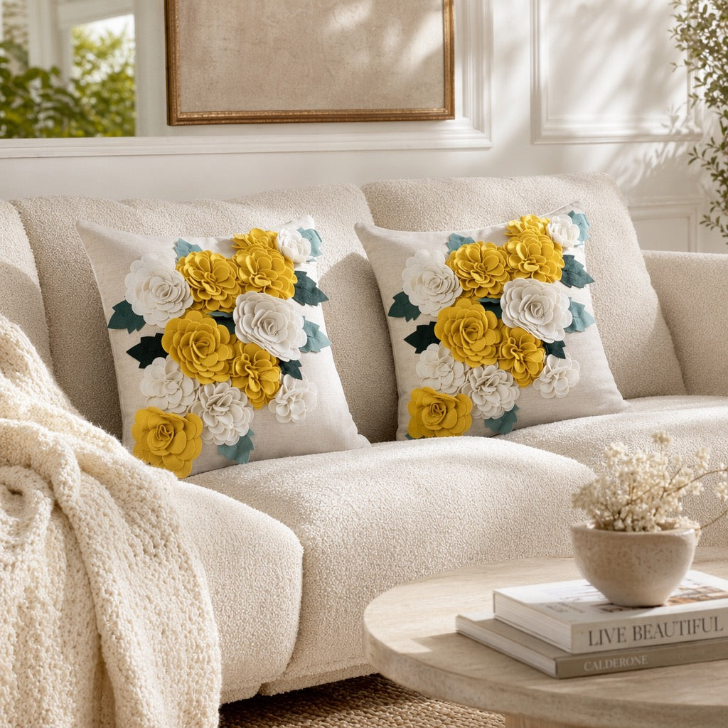 New $148 Anthropologie Boho 3D Floral Felt Throw Pillow Cover Case Sham 18"x18"