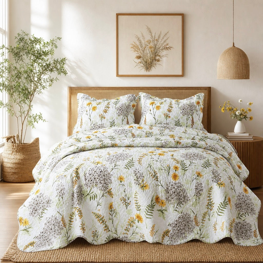 NEW Anthropologie White Floral King Size Boho Quilt Bedding Bedspread Sham Set