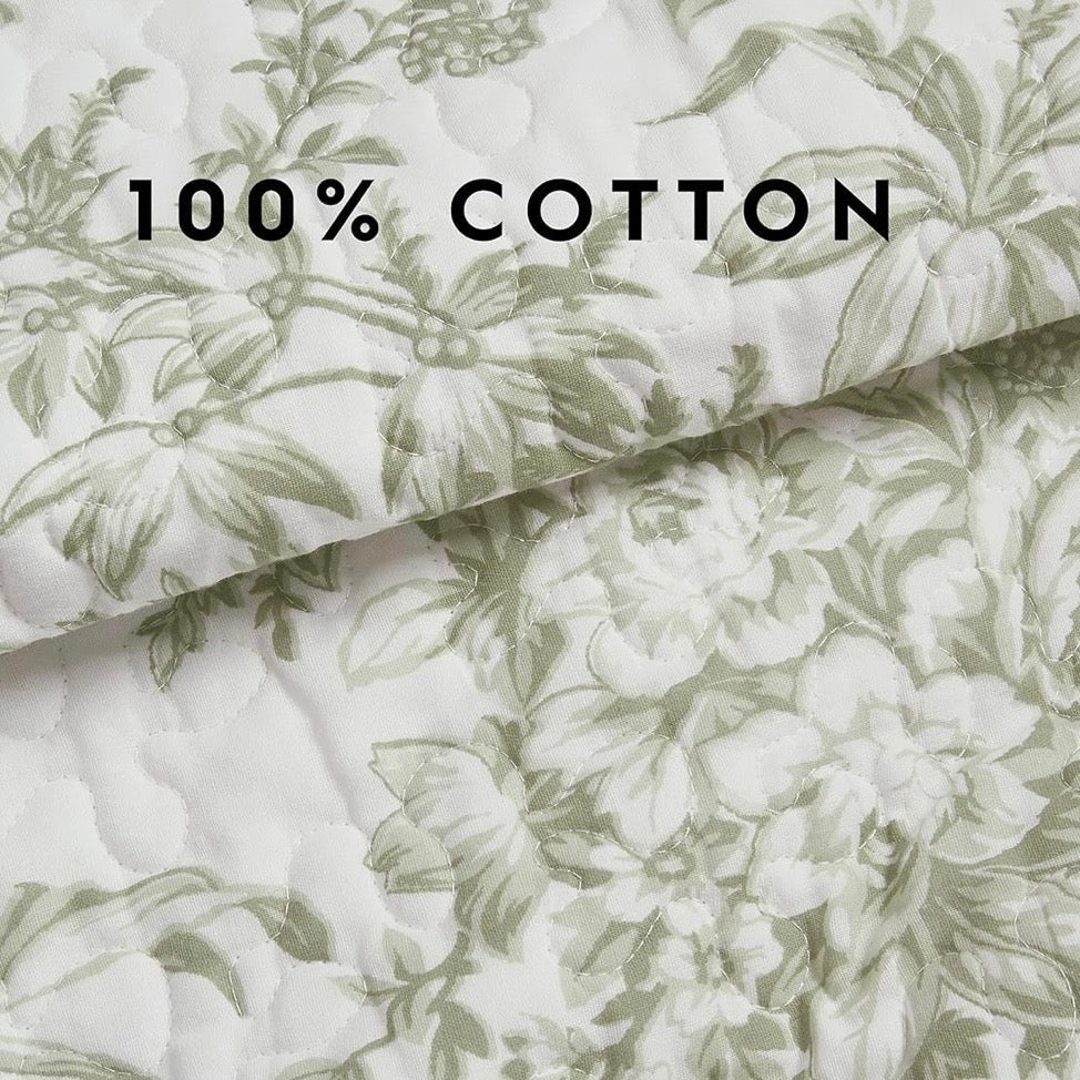 NEW West Elm Green White Floral Vintage Cotton Queen King Bedding Quilt Sham Set