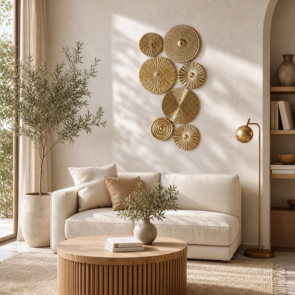 NEW West Elm XL Gold Boho Metal Abstract Wall Hanging Baskets Plates - Set of 7