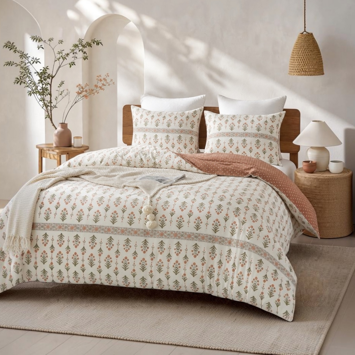 NEW Anthropologie White & Coral Boho Cotton Floral Retro Bedding Duvet Sham Set