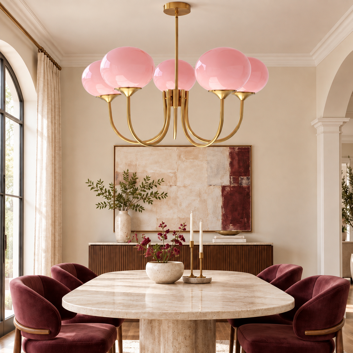 NEW Anthropologie 5-Light Gold Pink Chandelier Retro Boho Light Ceiling Fixture