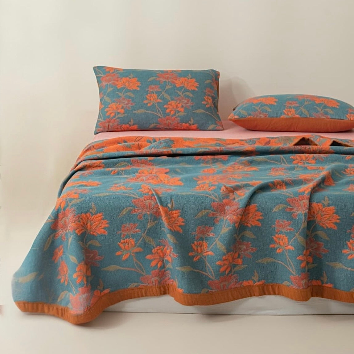 NEW Anthropologie Blue Orange Reversible King Size Bedspread Blanket Sham Set