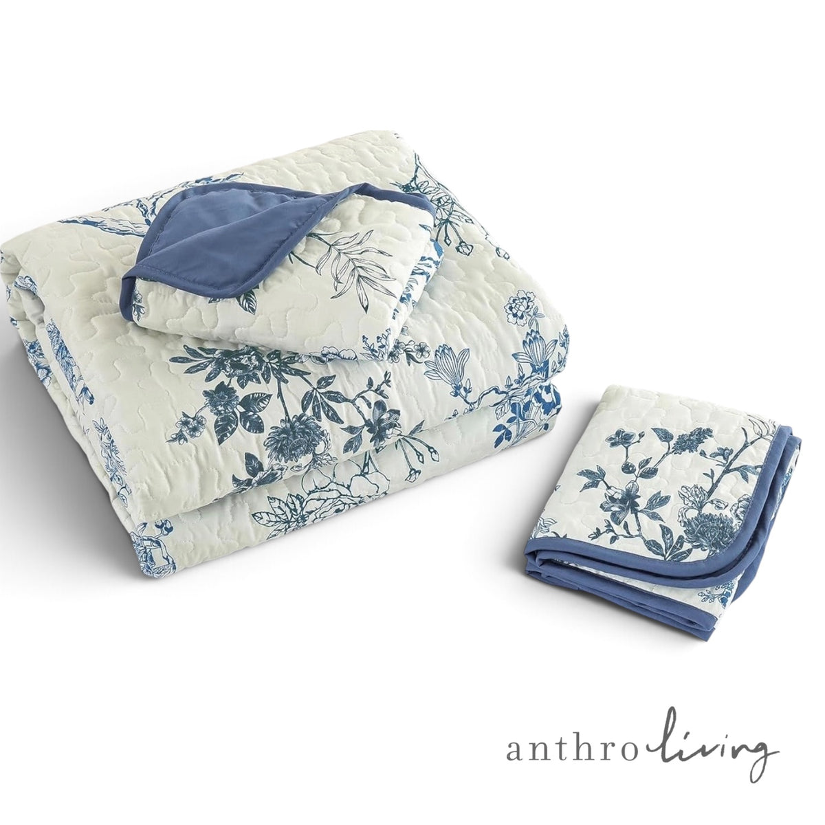 NEW Anthropologie Blue & White Vintage Floral Quilt Coverlet Bedding Sham & Set