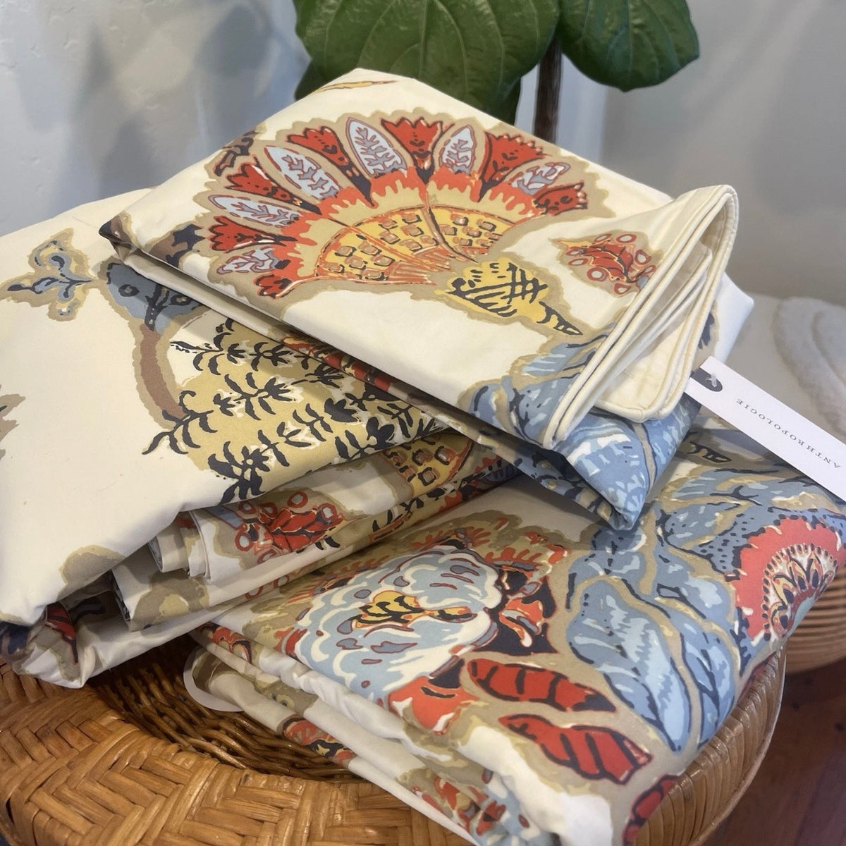 NEW Anthropologie Cream Red Cotton Queen / King Floral Bedding Duvet & Sham Set