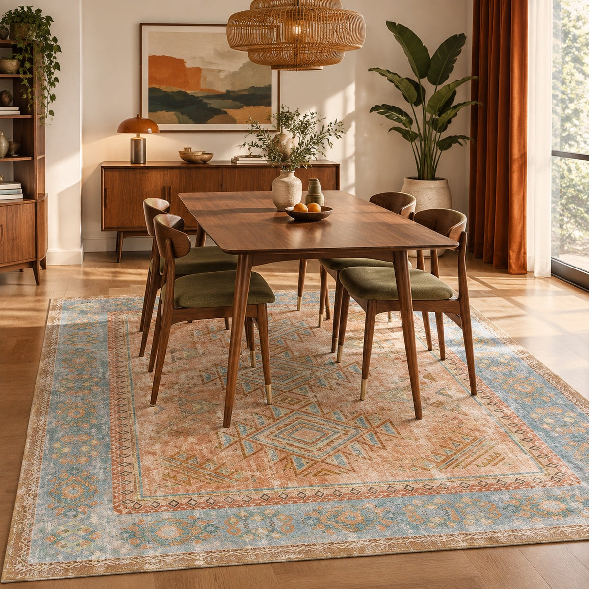 NEW Anthropologie Blue & Orange Moroccan Boho Washable Area Rug Carpet 8' x 10'