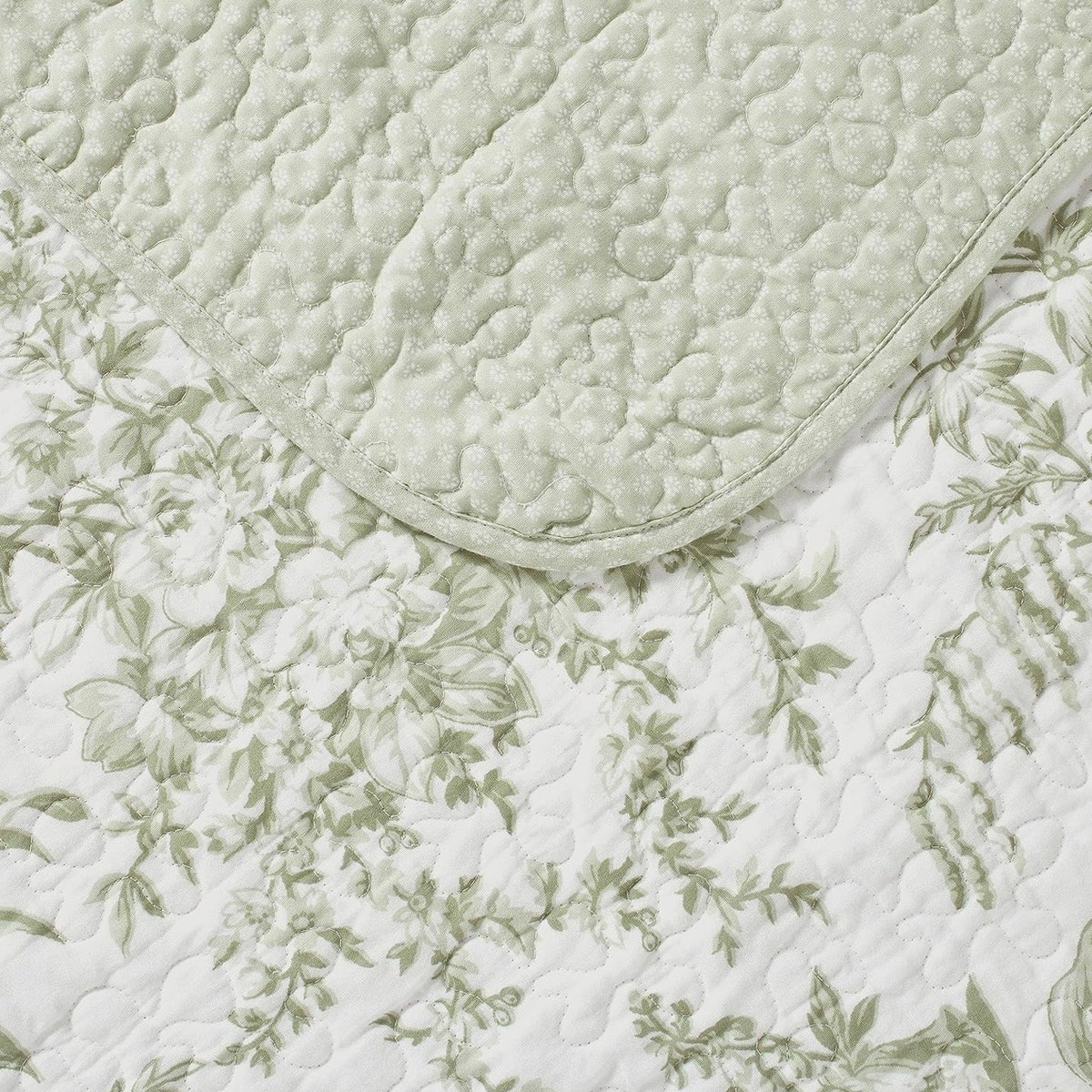 NEW West Elm Green White Floral Vintage Cotton Queen King Bedding Quilt Sham Set