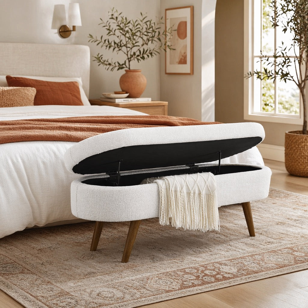 NEW West Elm White Boucle Fabric Storage Ottoman Mid-century Modern Furniture