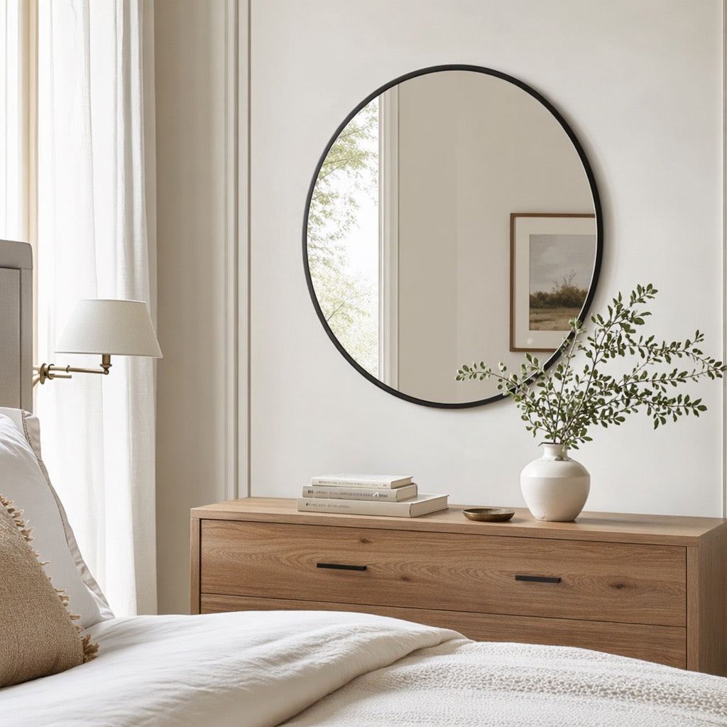 NEW West Elm Black Circle Round Matte Framed Boho Wall Entry Mirror - 20" x 20"