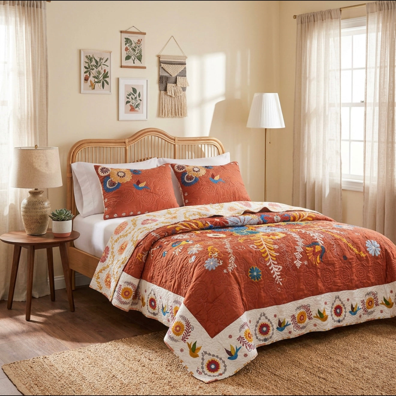 NEW Anthropologie Queen / King Reversible Boho Quilt Bedspread Bedding Sham Set