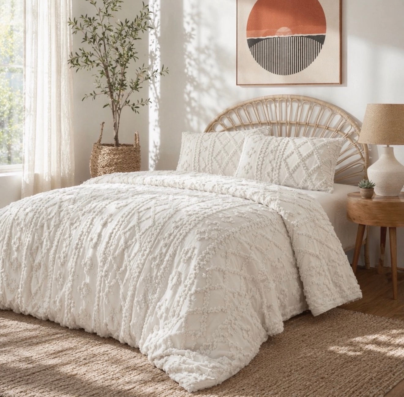 Share NEW Anthro Beige Boho Queen King Size Tufted Fringe Bedding Duvet & Sham