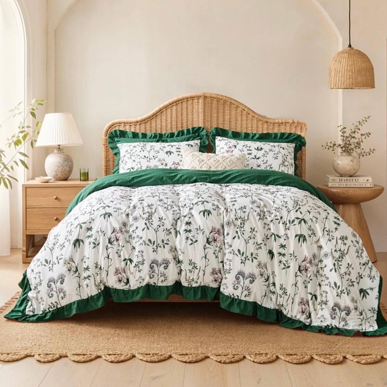 NEW Anthro Green Ruffle Floral Cotton Boho Queen / King Bedding Duvet & Sham Set