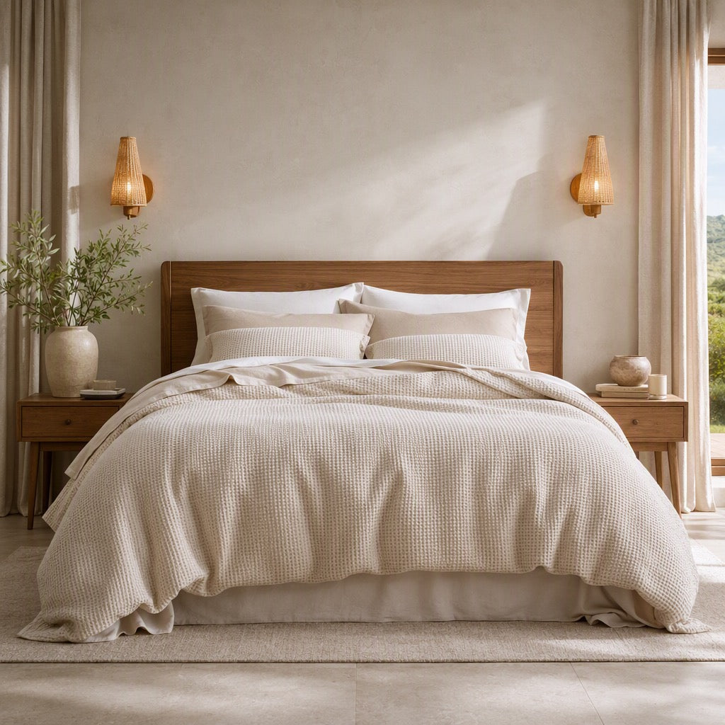 NEW West Elm Beige Waffle Weave Queen King 100% Cotton Bedding Duvet & Sham Set