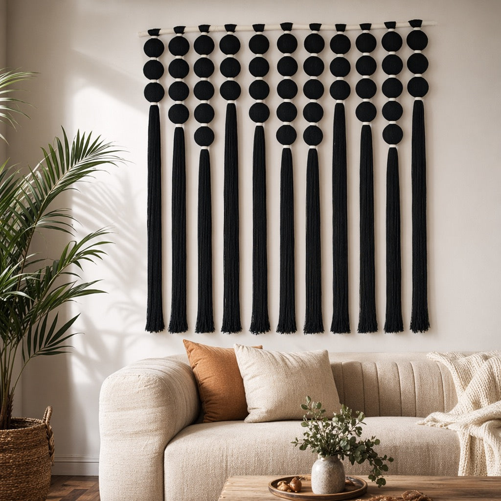 NEW Anthropologie XL Boho Black & White Tassel Tapestry Woven Wall Hanging - 40"